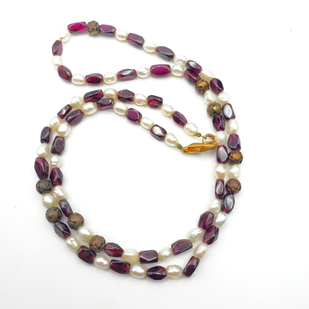 Freshwater Pearl & Garnet Beaded Necklace Vintage Jewelry 24" Long